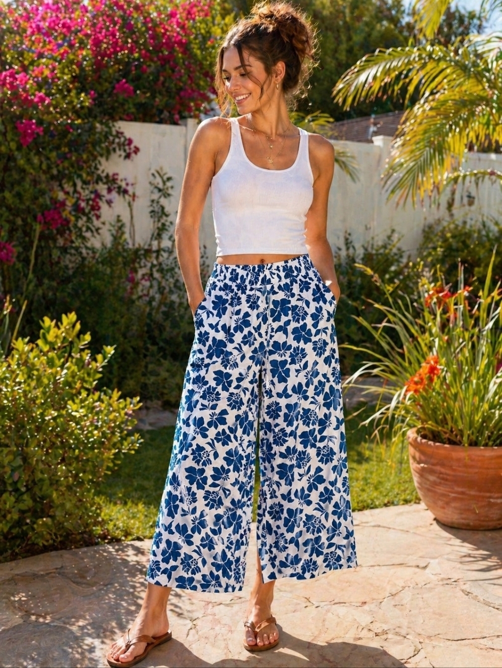 Style & Co Blue White Floral Wide Leg Crop Pants 1X Boho Summer Elastic Waist